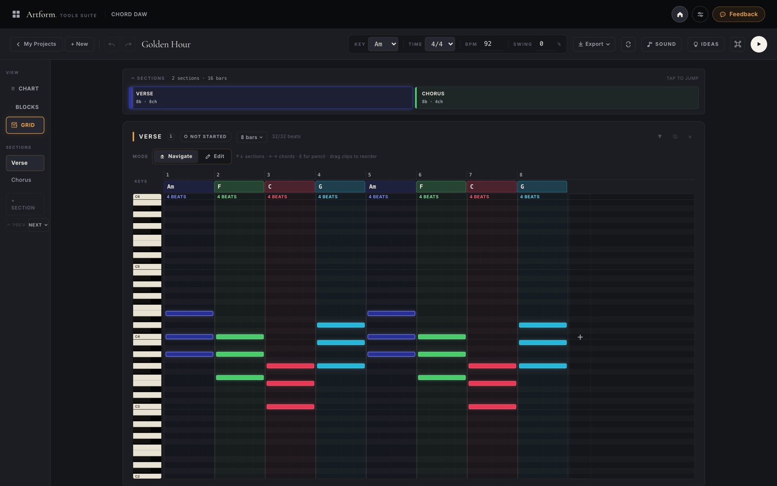CHORD DAW, write progressions in Chart, Blocks or Grid