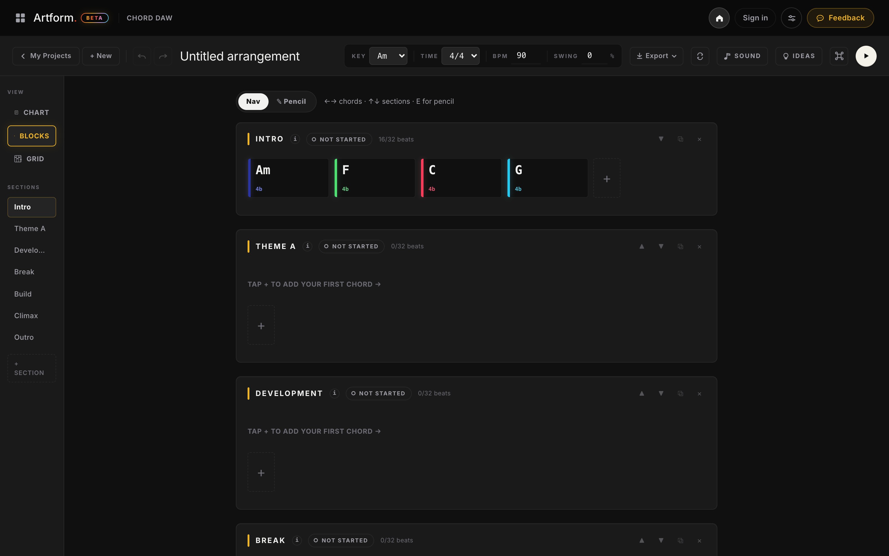 CHORD DAW, write progressions in Chart, Blocks or Grid
