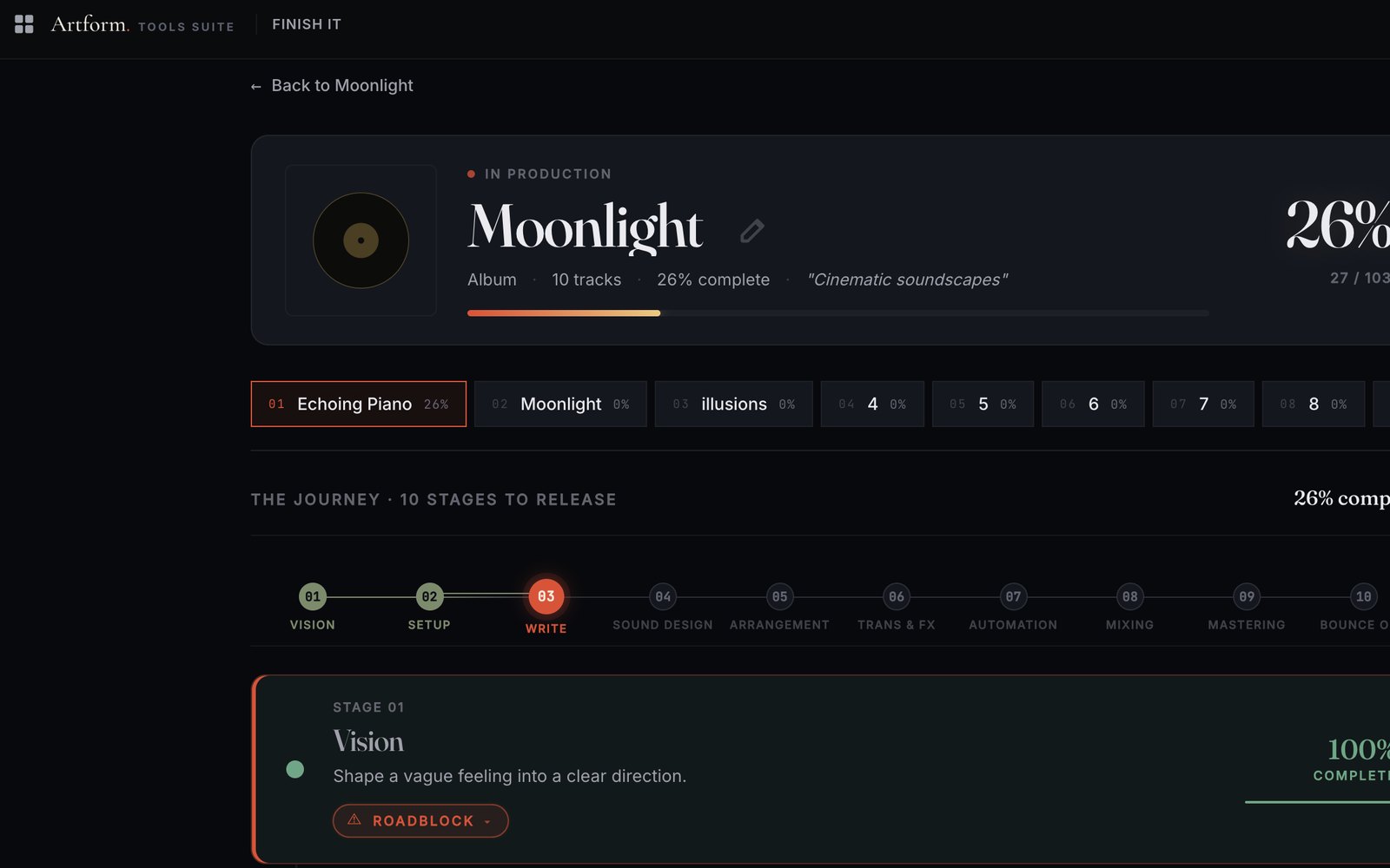 Finish It project tracker showing an album's progress through 10 production stages